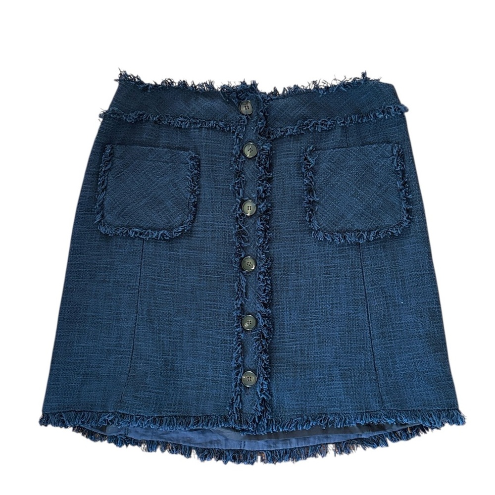 Lafayette 148 Navy Blue Tweed Fringe Detail Button Front Mini Skirt - 8